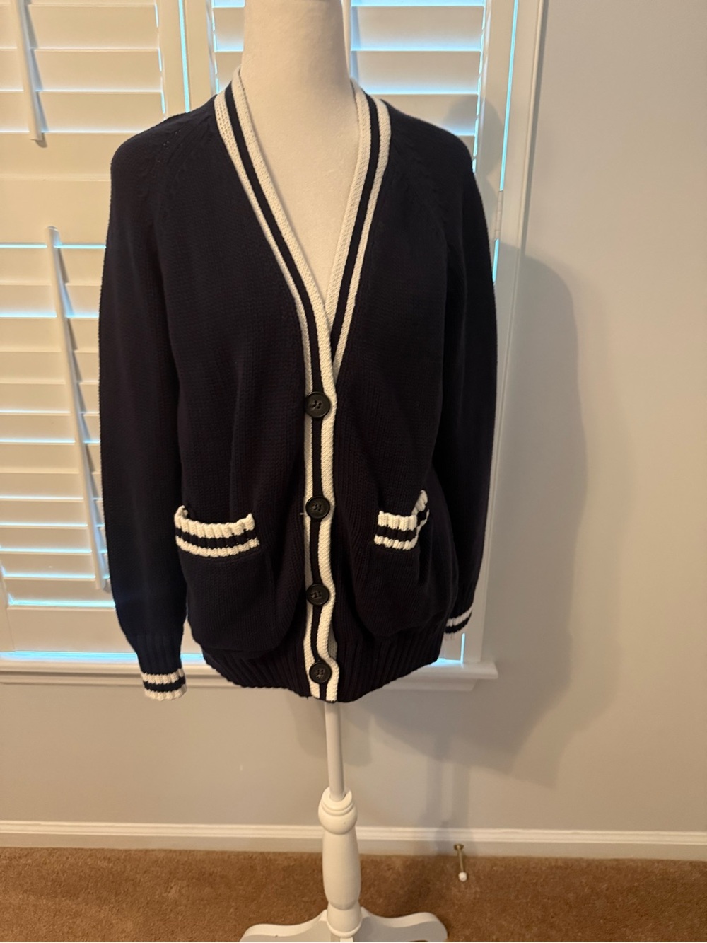 Free Assembly Navy Cardigan Sweater with White Trim
